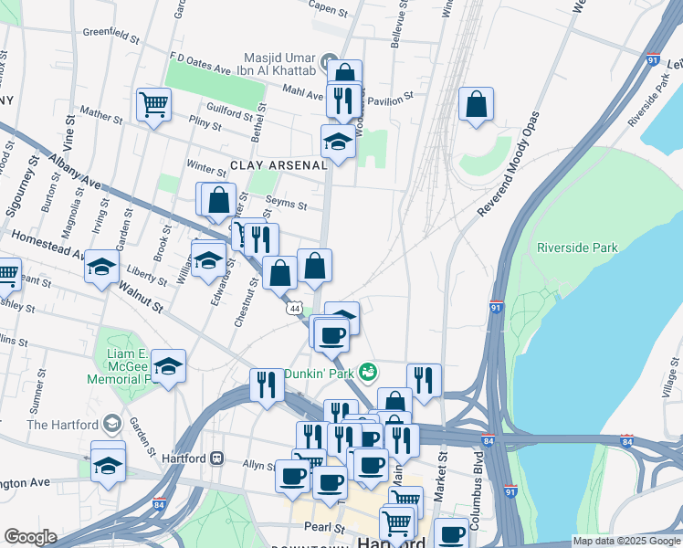 map of restaurants, bars, coffee shops, grocery stores, and more near 1450 Main Street in Hartford