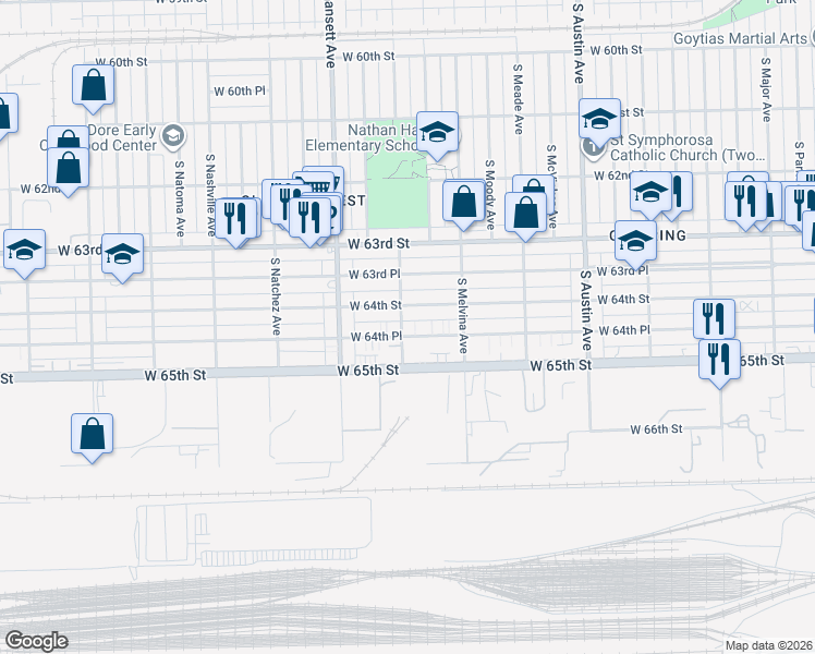 map of restaurants, bars, coffee shops, grocery stores, and more near 6256 West 64th Place in Chicago