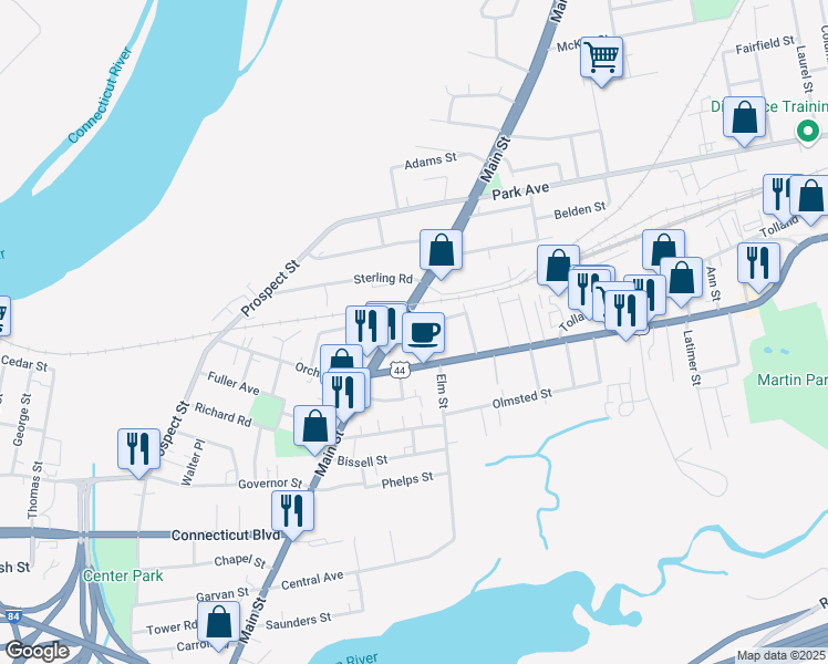map of restaurants, bars, coffee shops, grocery stores, and more near 1284 Main Street in East Hartford