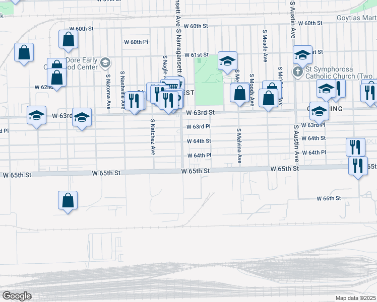 map of restaurants, bars, coffee shops, grocery stores, and more near 6256 West 64th Place in Chicago