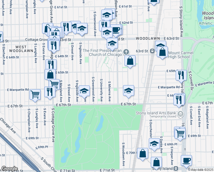 map of restaurants, bars, coffee shops, grocery stores, and more near 6601 South Minerva Avenue in Chicago