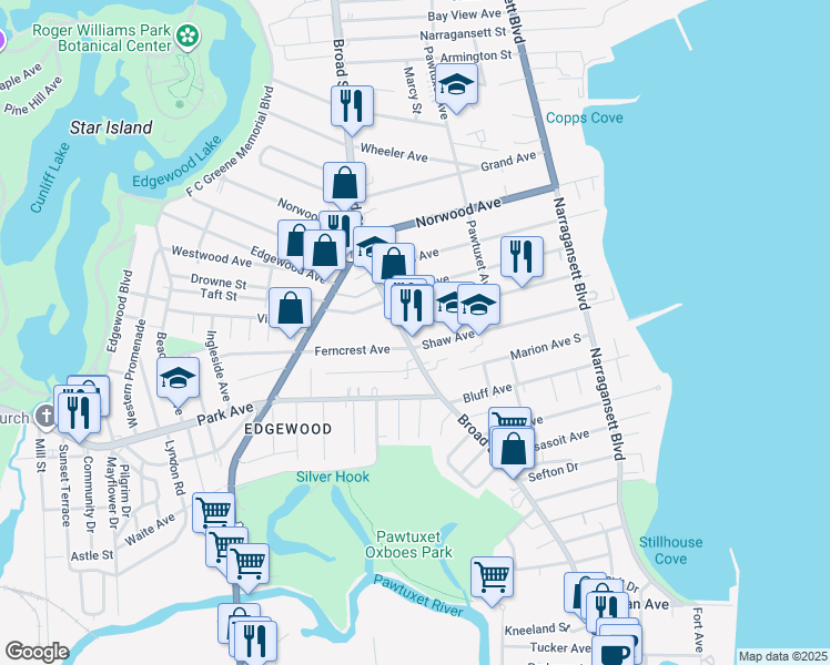 map of restaurants, bars, coffee shops, grocery stores, and more near 1850 Broad Street in Cranston