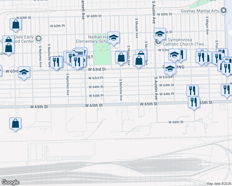 map of restaurants, bars, coffee shops, grocery stores, and more near 6212 West 64th Place in Chicago