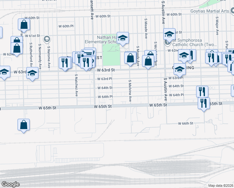 map of restaurants, bars, coffee shops, grocery stores, and more near 6244 West 64th Place in Chicago