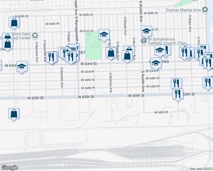 map of restaurants, bars, coffee shops, grocery stores, and more near 6225 West 64th Place in Chicago