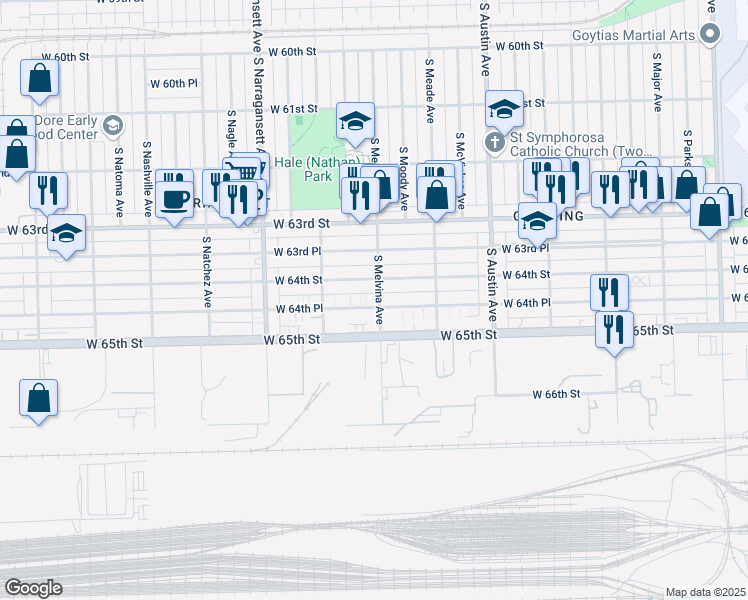 map of restaurants, bars, coffee shops, grocery stores, and more near 6200 West 64th Place in Chicago