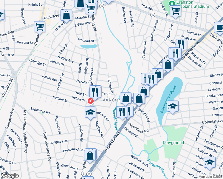 map of restaurants, bars, coffee shops, grocery stores, and more near 42 Farrar Street in Cranston