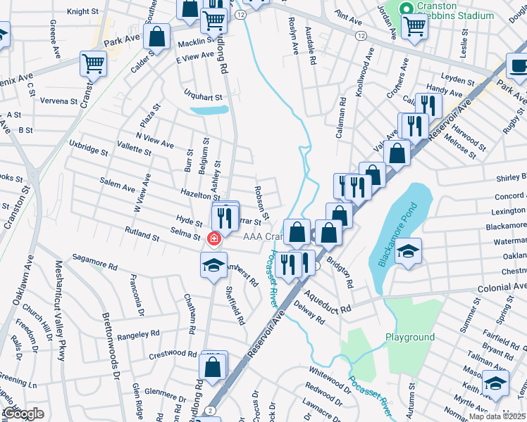 map of restaurants, bars, coffee shops, grocery stores, and more near 42 Farrar Street in Cranston