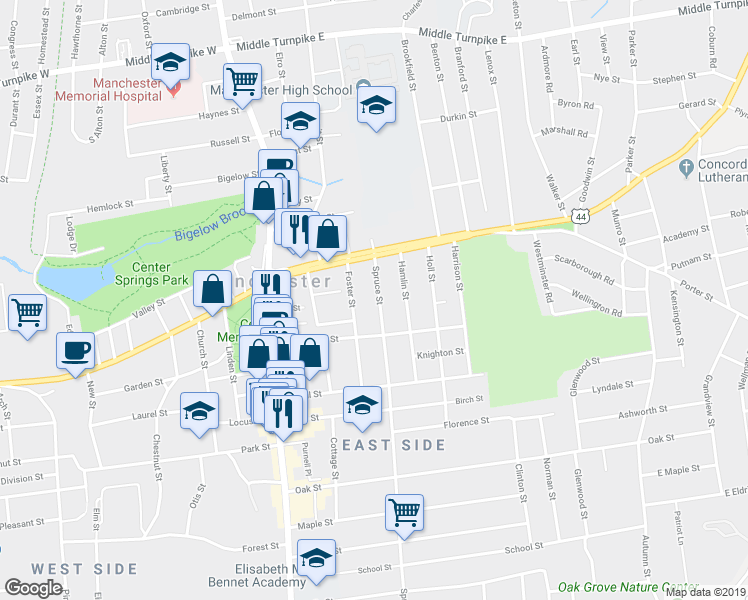 map of restaurants, bars, coffee shops, grocery stores, and more near 41 Foster Street in Manchester