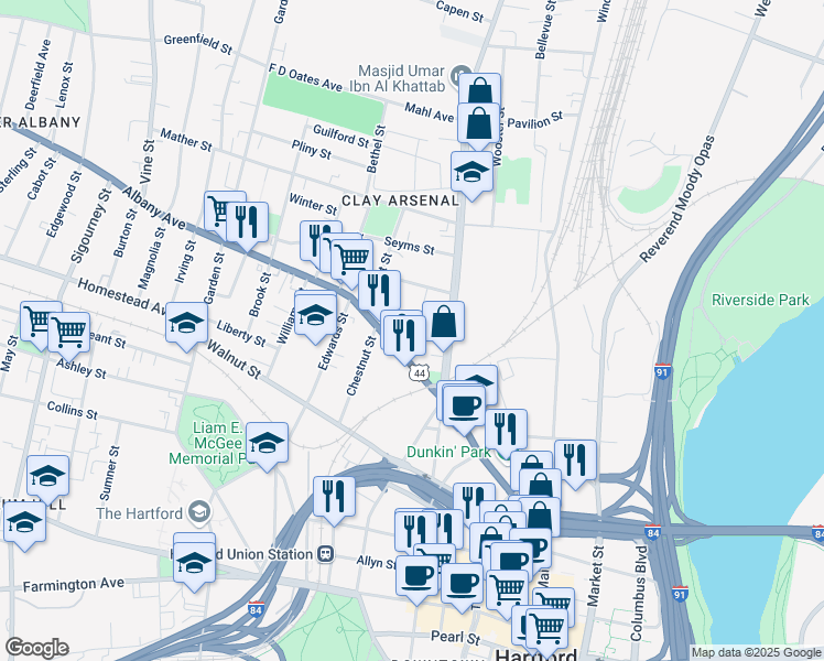 map of restaurants, bars, coffee shops, grocery stores, and more near 72 Albany Avenue in Hartford