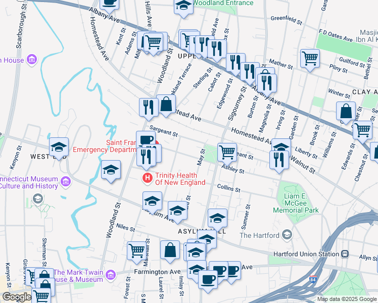 map of restaurants, bars, coffee shops, grocery stores, and more near 166 Ashley Street in Hartford