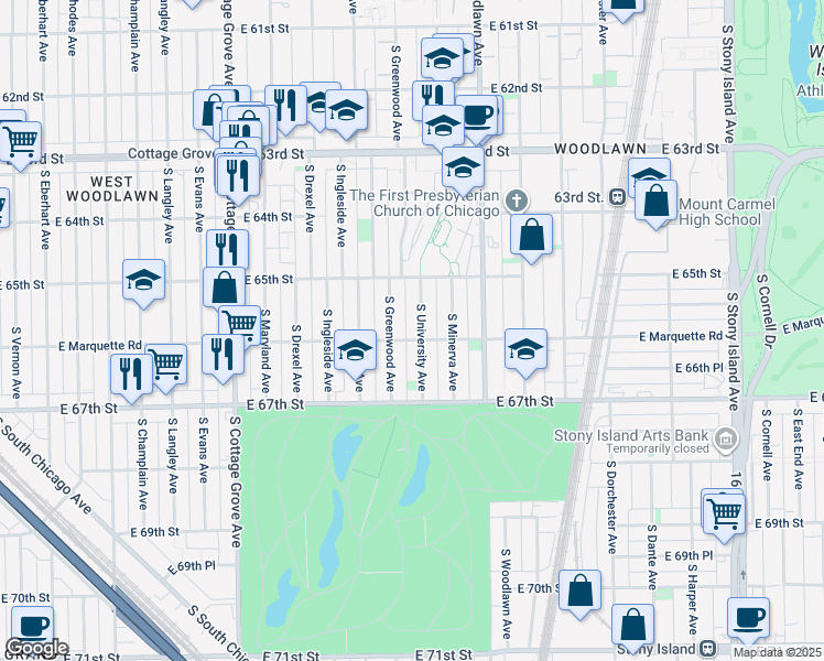 map of restaurants, bars, coffee shops, grocery stores, and more near 6601 South University Avenue in Chicago