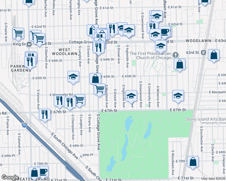 map of restaurants, bars, coffee shops, grocery stores, and more near 6555 South Drexel Avenue in Chicago