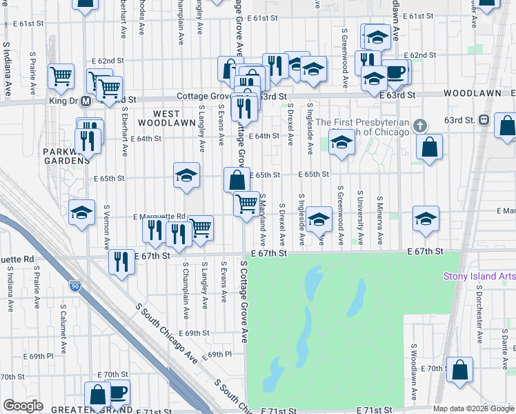 map of restaurants, bars, coffee shops, grocery stores, and more near 6601 South Maryland Avenue in Chicago