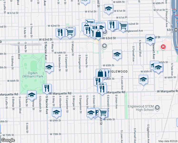 map of restaurants, bars, coffee shops, grocery stores, and more near 6538 South Green Street in Chicago