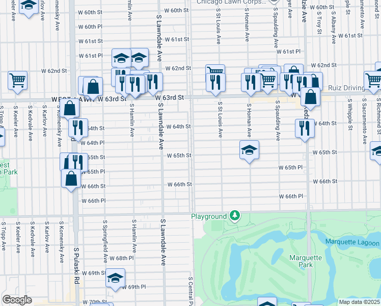 map of restaurants, bars, coffee shops, grocery stores, and more near 3557 West 65th Street in Chicago