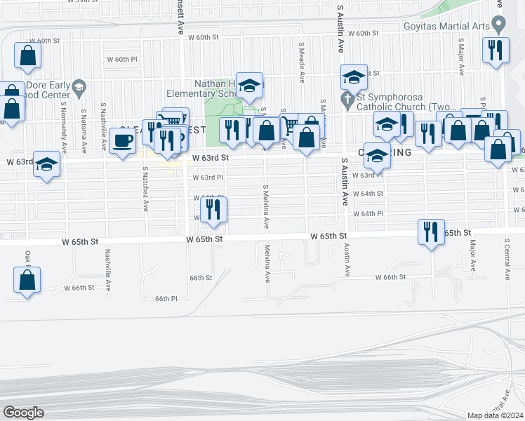 map of restaurants, bars, coffee shops, grocery stores, and more near 6225 West 64th Place in Chicago