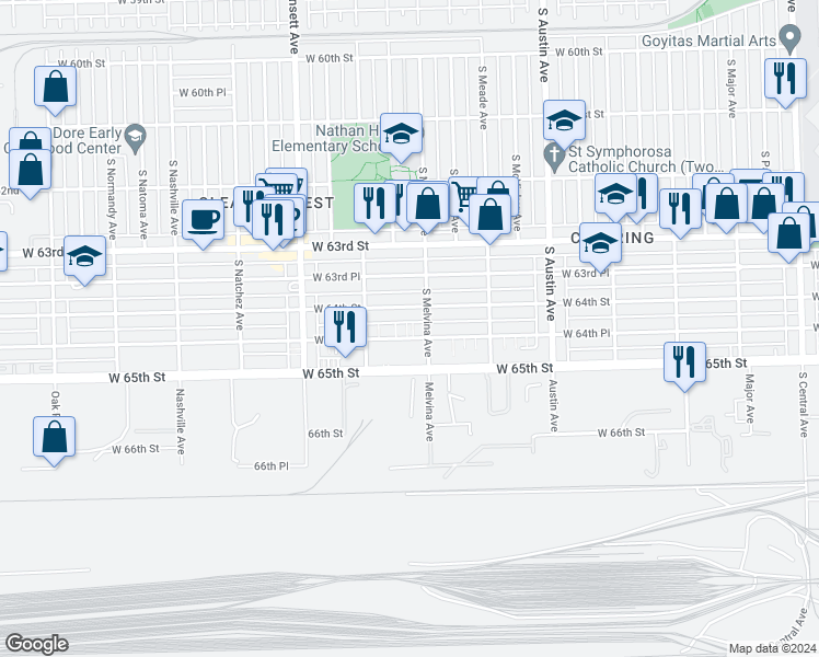 map of restaurants, bars, coffee shops, grocery stores, and more near 6225 West 64th Place in Chicago