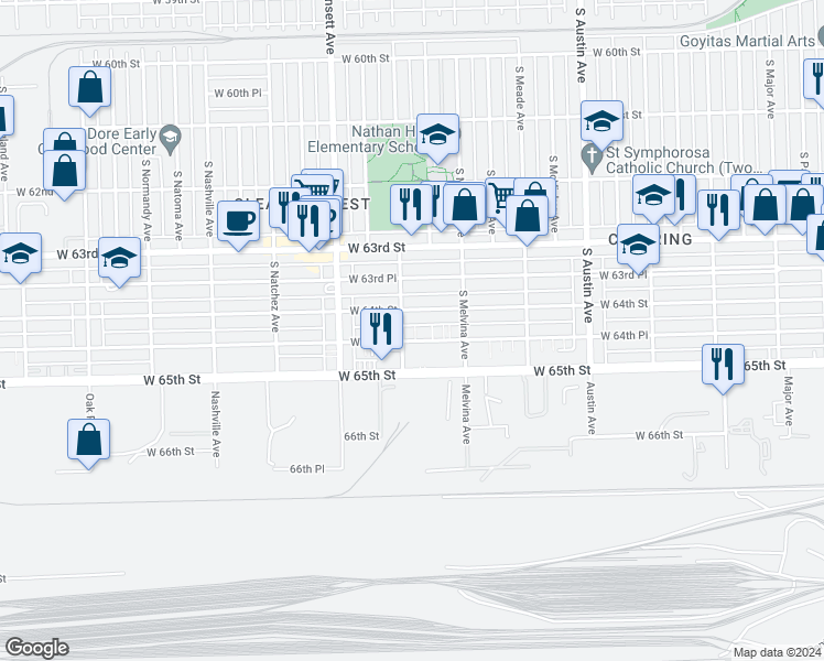 map of restaurants, bars, coffee shops, grocery stores, and more near 6254 West 64th Place in Chicago