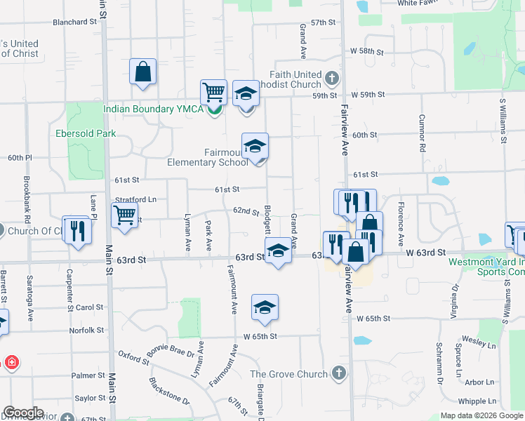 map of restaurants, bars, coffee shops, grocery stores, and more near 601 62nd Street in Downers Grove