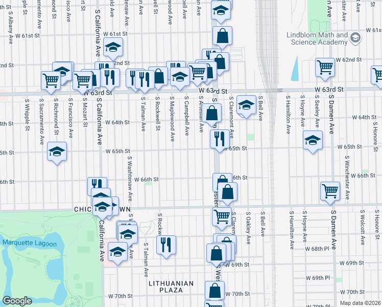 map of restaurants, bars, coffee shops, grocery stores, and more near 6507 South Campbell Avenue in Chicago