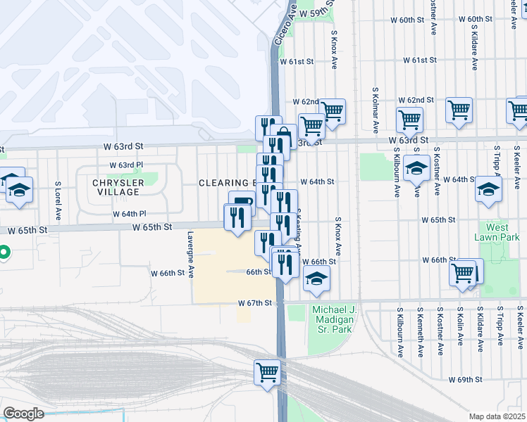 map of restaurants, bars, coffee shops, grocery stores, and more near 6452 South Cicero Avenue in Chicago