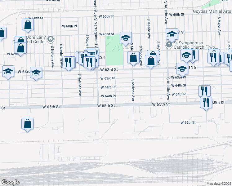 map of restaurants, bars, coffee shops, grocery stores, and more near 6200 West 64th Place in Chicago