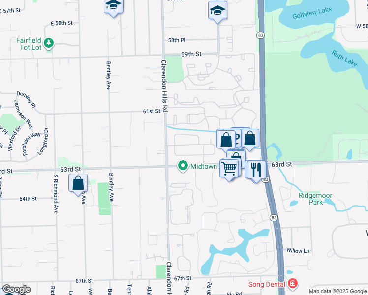 map of restaurants, bars, coffee shops, grocery stores, and more near 208 Brookside Lane in Willowbrook