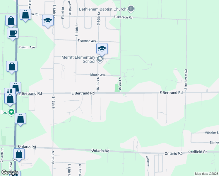 map of restaurants, bars, coffee shops, grocery stores, and more near 1621 East Bertrand Road in Niles
