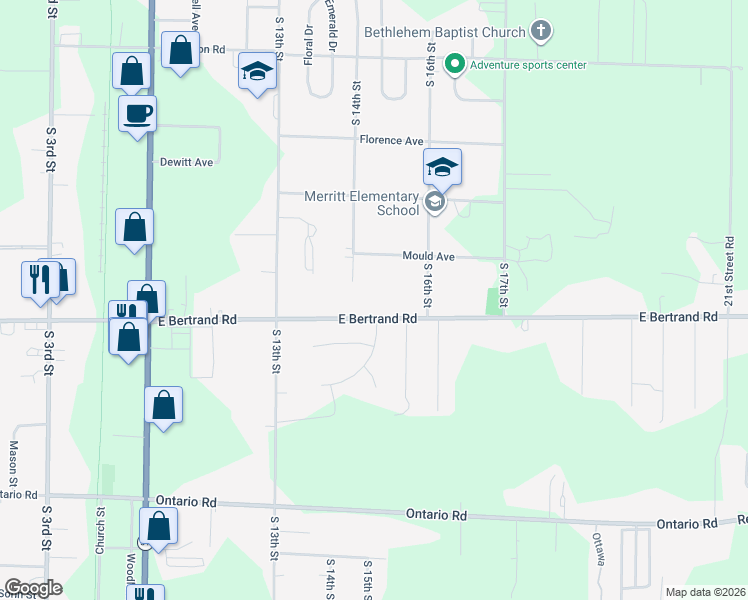 map of restaurants, bars, coffee shops, grocery stores, and more near 1415 East Bertrand Road in Niles