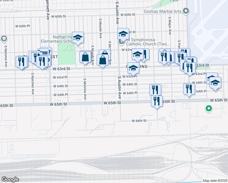 map of restaurants, bars, coffee shops, grocery stores, and more near 6018 West 64th Place in Chicago
