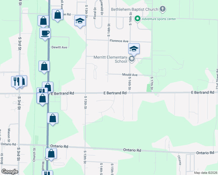 map of restaurants, bars, coffee shops, grocery stores, and more near 1415 East Bertrand Road in Niles