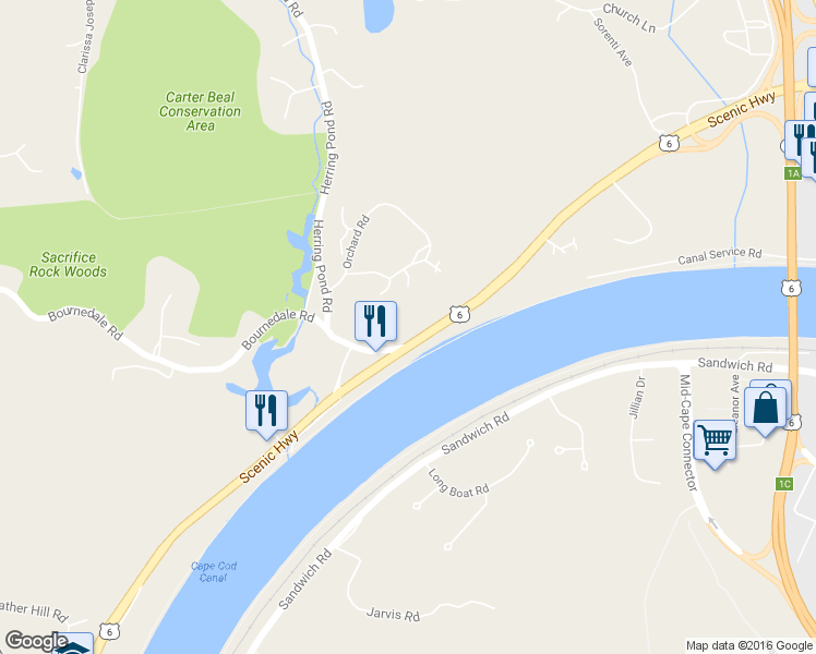 map of restaurants, bars, coffee shops, grocery stores, and more near 871 Scenic Hwy in Bourne
