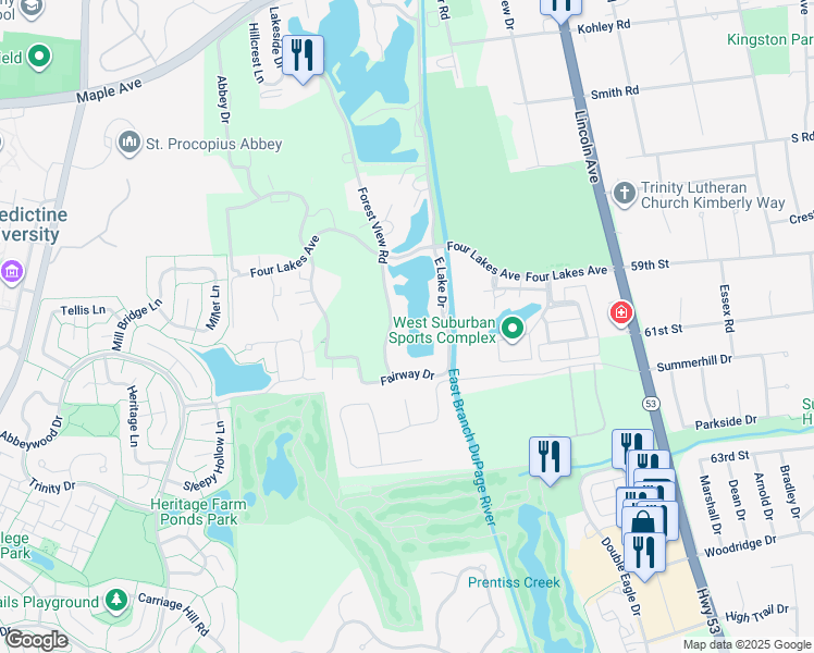 map of restaurants, bars, coffee shops, grocery stores, and more near 6017 Forest View Road in Lisle