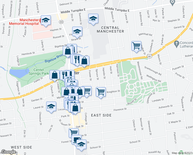 map of restaurants, bars, coffee shops, grocery stores, and more near 40 Spruce Street in Manchester