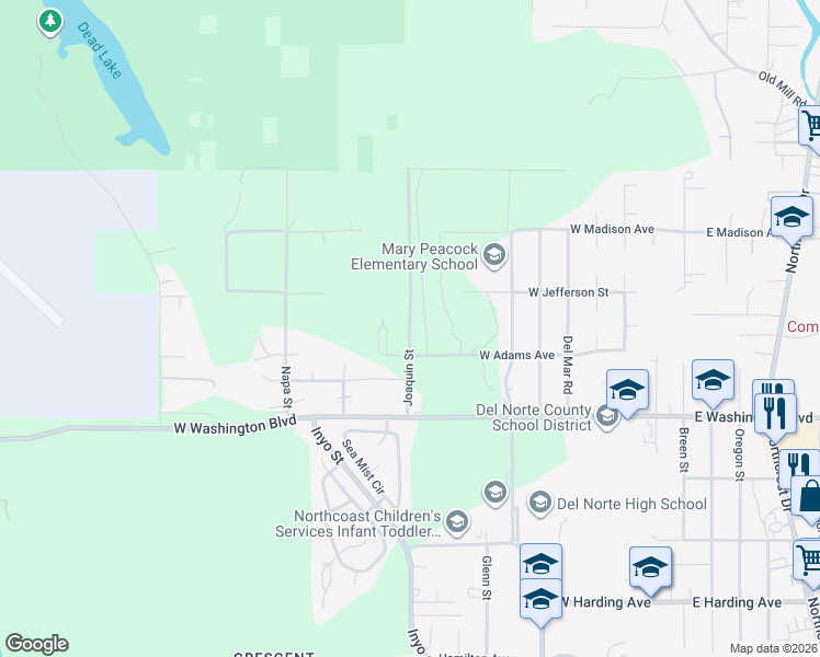 map of restaurants, bars, coffee shops, grocery stores, and more near 1536 Joaquin Street in Crescent City