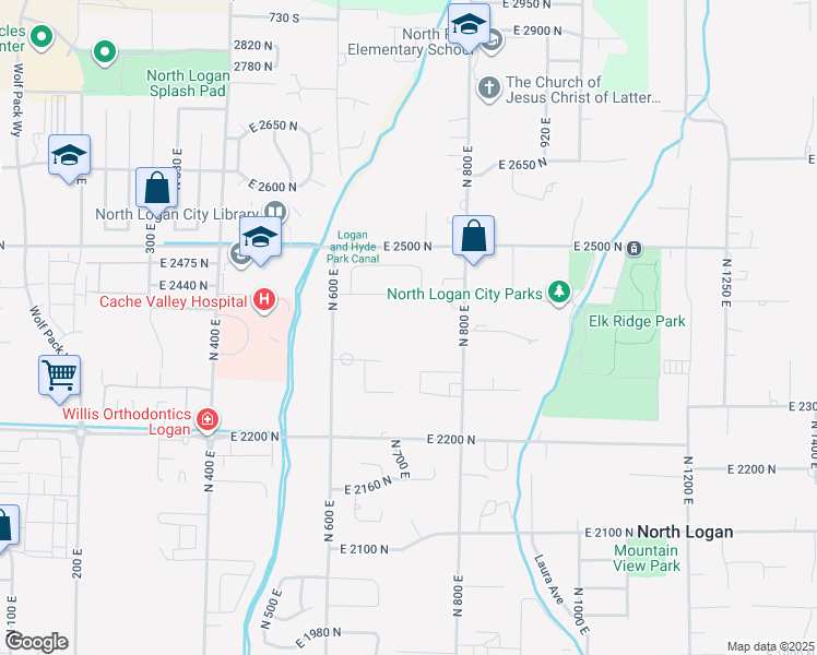 map of restaurants, bars, coffee shops, grocery stores, and more near 2361 North 740 East in North Logan