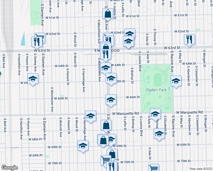 map of restaurants, bars, coffee shops, grocery stores, and more near 6526 South Ashland Avenue in Chicago