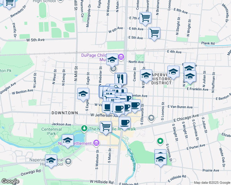 map of restaurants, bars, coffee shops, grocery stores, and more near 33 West Benton Avenue in Naperville
