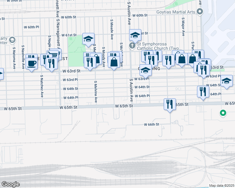 map of restaurants, bars, coffee shops, grocery stores, and more near 6105 West 64th Place in Chicago