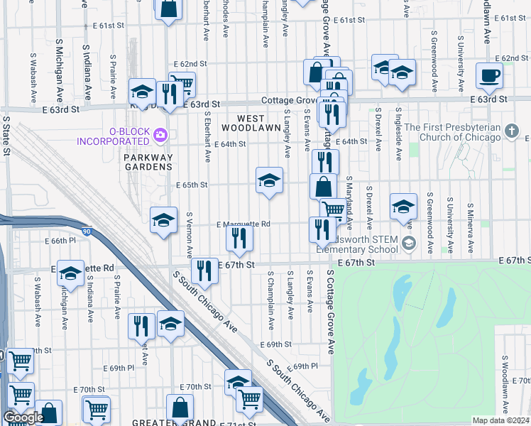 map of restaurants, bars, coffee shops, grocery stores, and more near 6544 South Champlain Avenue in Chicago