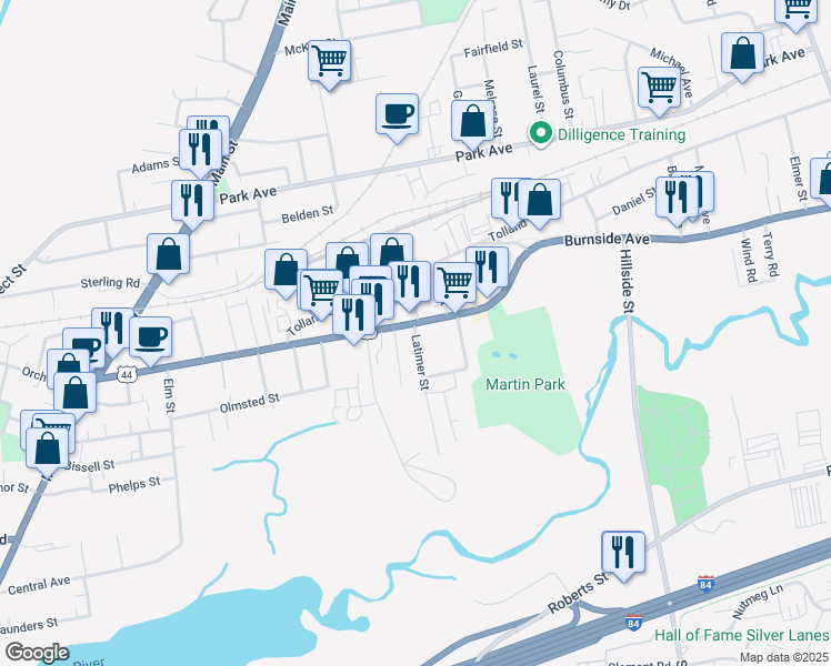 map of restaurants, bars, coffee shops, grocery stores, and more near 11 Latimer Street in East Hartford