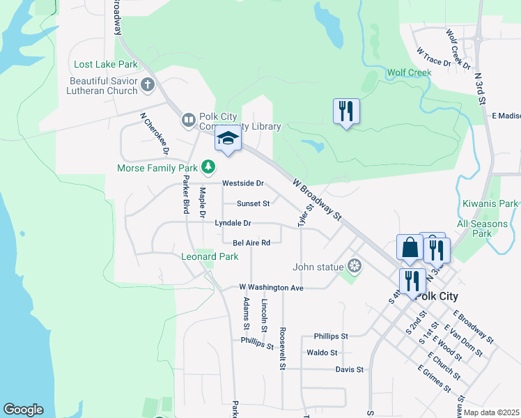 map of restaurants, bars, coffee shops, grocery stores, and more near 1301 Lyndale Drive in Polk City