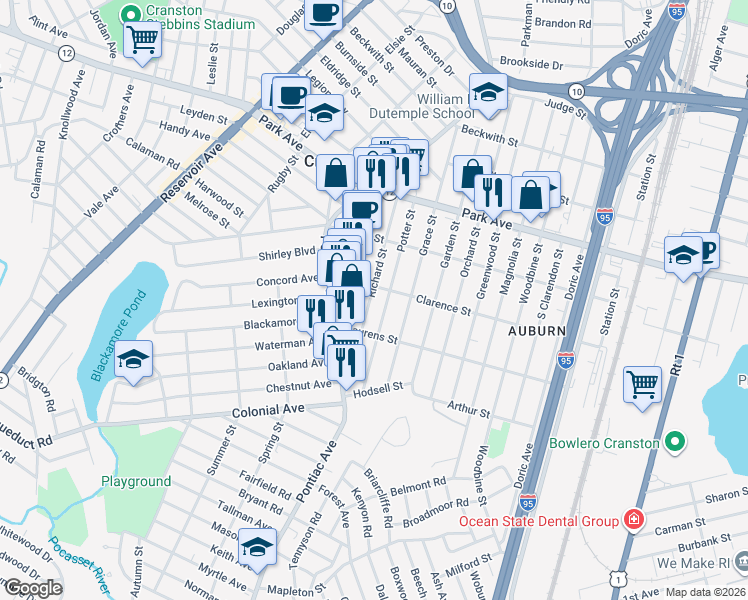 map of restaurants, bars, coffee shops, grocery stores, and more near 90 Richard Street in Cranston