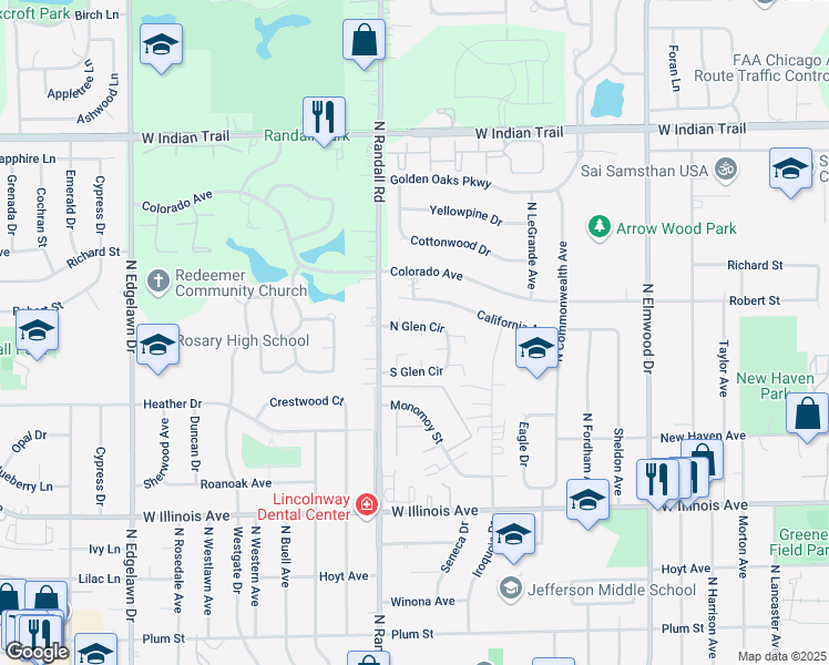map of restaurants, bars, coffee shops, grocery stores, and more near 1385 South Glen Circle in Aurora
