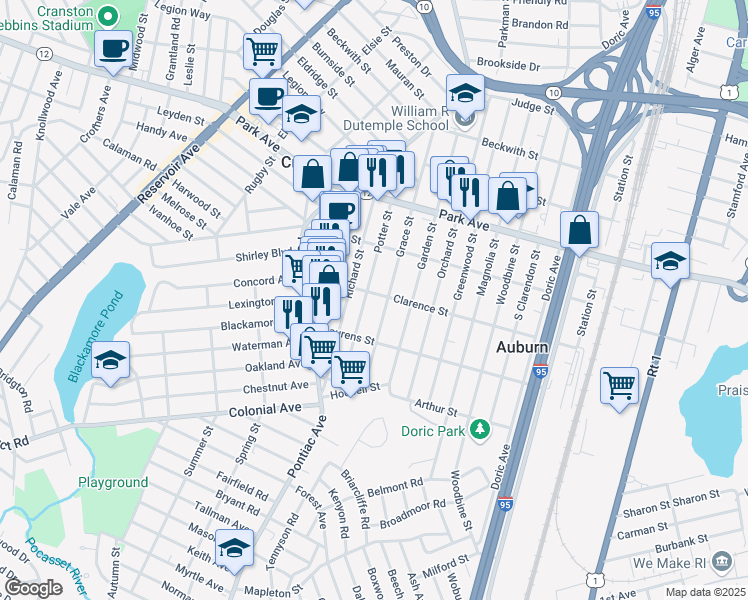 map of restaurants, bars, coffee shops, grocery stores, and more near 187 Grace Street in Cranston