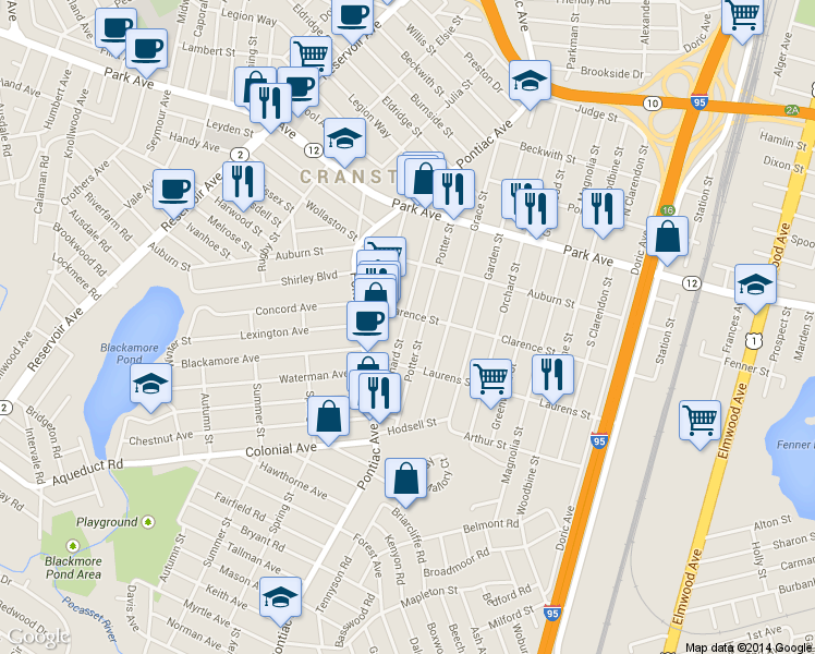 map of restaurants, bars, coffee shops, grocery stores, and more near 101 Richard Street in Cranston