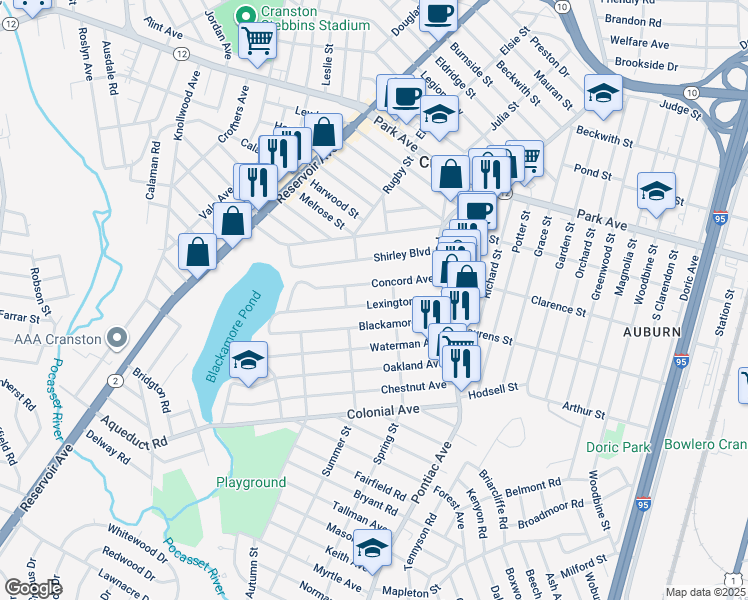 map of restaurants, bars, coffee shops, grocery stores, and more near 82 Lexington Avenue in Cranston