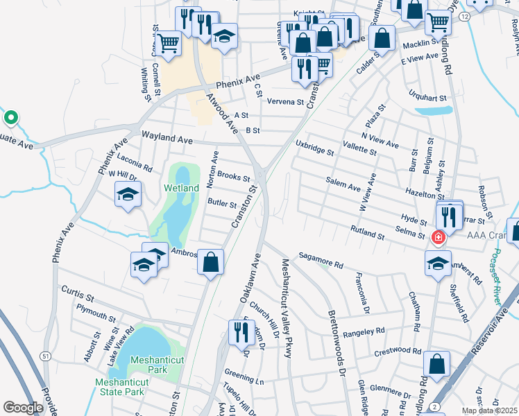map of restaurants, bars, coffee shops, grocery stores, and more near 65 Oaklawn Avenue in Cranston