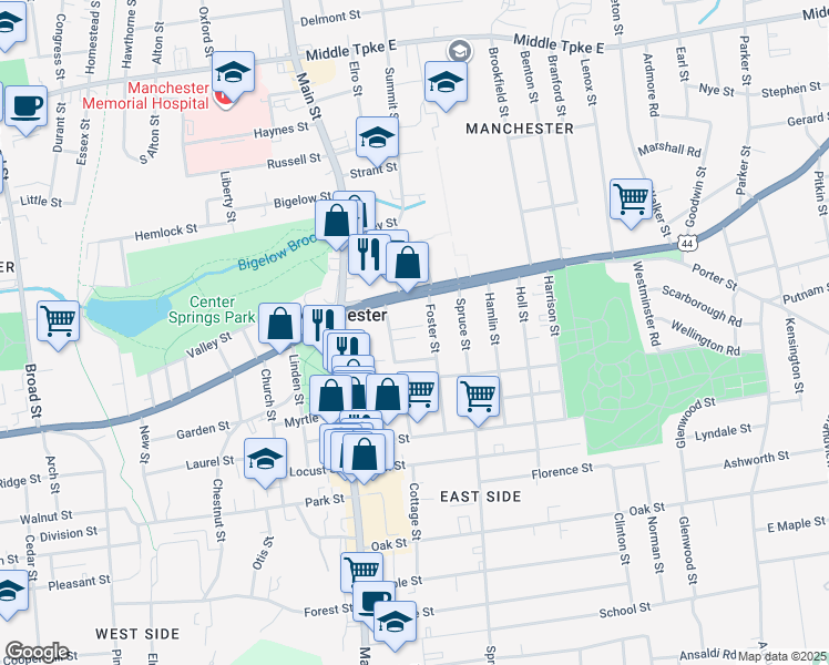 map of restaurants, bars, coffee shops, grocery stores, and more near 12 Jackson Street in Manchester